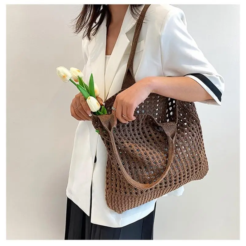 

2024 New Trend Women's Shoulder Bags Female Knitted Hollow Tote Bags Bohemian Crochet Handbags Casual Travel Shopper Beach Bags