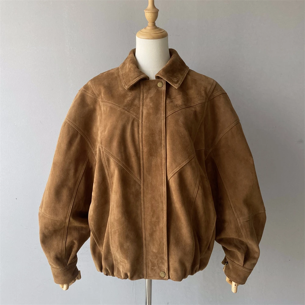 Luxyonuo リアルスエードレザーコート レディース 高級シープスキンジャケット ルーズスタイル フルスリーブ レザージャケット 2025秋冬新作