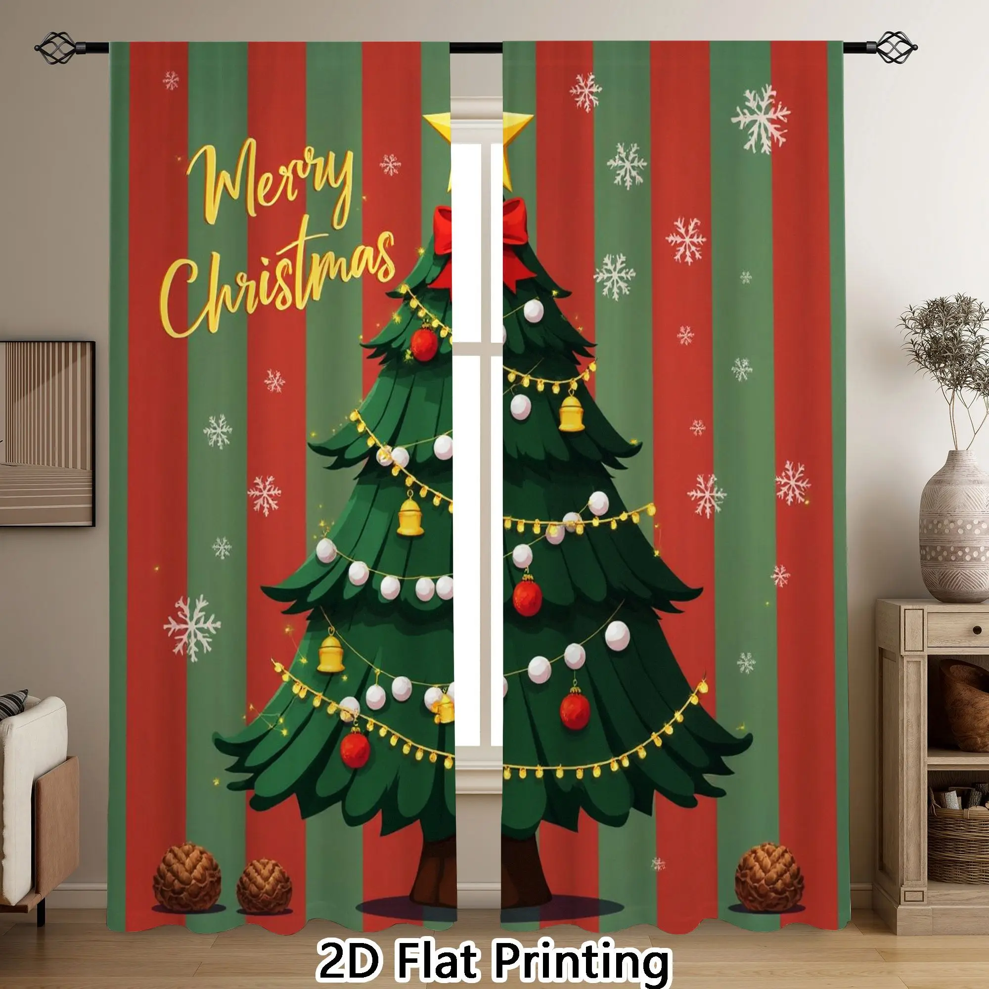 Merry Christmas Tree Curtain, Red Green Stripe Blackout Drapes, Festive Holiday Window Treatment for Living Room Bedroom