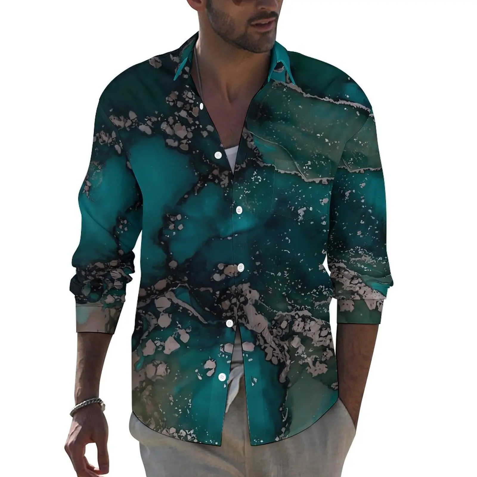 Abstract Moss Print Casual Shirts Male Marble Print Shirt Long Sleeve Novelty Streetwear Blouses Autumn Design Top Plus Size 4XL