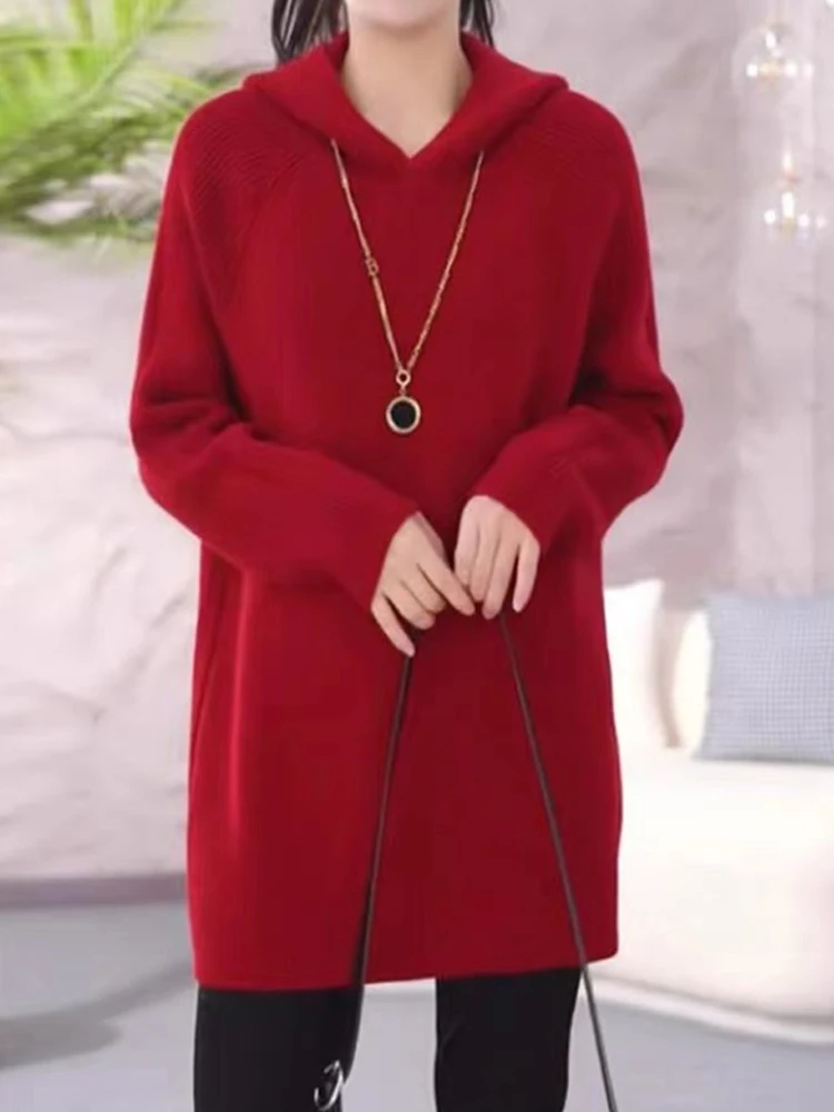 

Faionable красный вязаный шерстяной свитер Camere с капюшоном, женский осенне-зимний новый однотонный трикотаж Sle Agel с высоким воротником