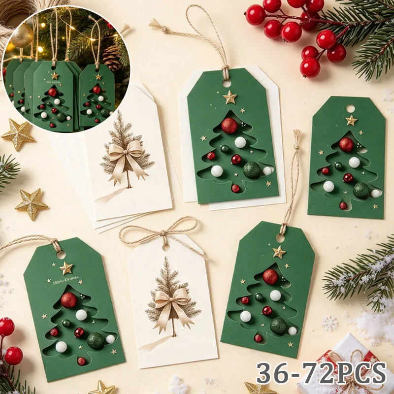 36-72PCS Christmas Gift Labels with Natural Jute Twine Hanging Gift Tags for Holiday Present Packaging Party Decorations