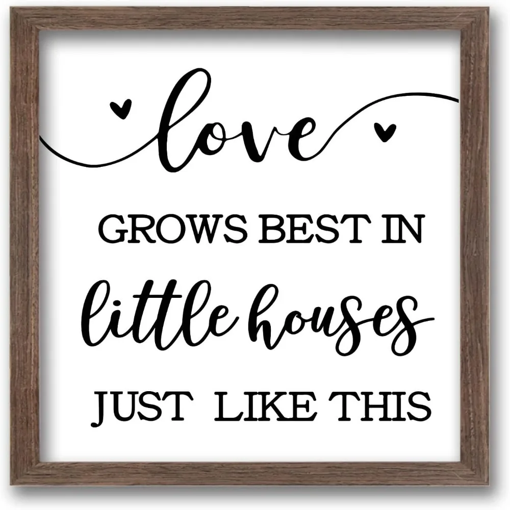 Love Grow Best In Little Houses Art Sign Solid Wood Bedroom Sign with Arylic Layer 7x7 Inch Large Hangable Wooden Frame