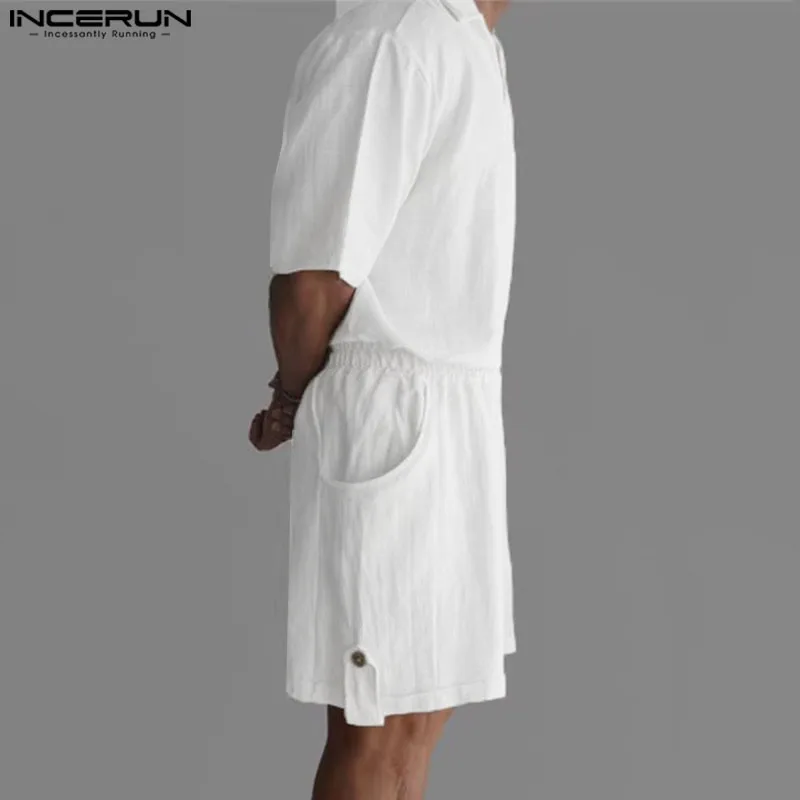 Incerun conjuntos masculinos cor sólida lapela manga curta camisa & shorts duas peças define verão streetwear 2025 solto casual ternos masculinos