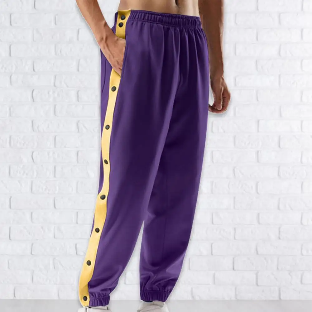 Mid-Rise Men Sweatpants Elastic Waistband Pockets Patchwork Color Side Button Placket Basketball Pants