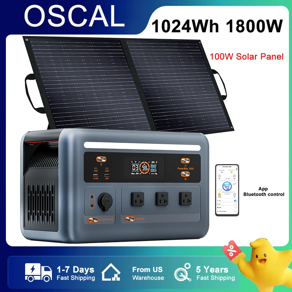 

OSCAL Powermax 1800 Mini Portable Power Station 1800W 1024wh with Solar Panel Quick Charge Battery Solar Generator Power Bank
