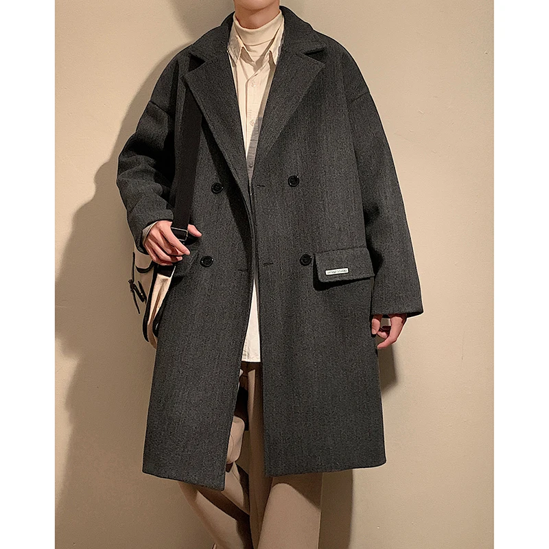 

Мужское шерстяное пальто на двух пуговицах, повседневное, в корейском стиле, свободного кроя, до колен, ветрозащитное, для осени и зимы