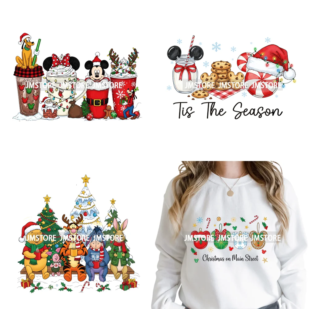 Autocollants de transfert de chaleur DTF, personnage de dessin animé mignon, tasse à café, bonbons, joyeux noël, prêts à presser pour sweats à capuche