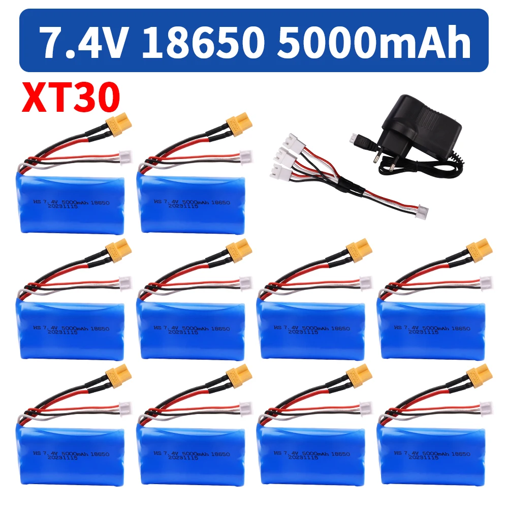 Akumulator litowo-jonowy 18650 7,4 V 5000 mAh XT30 z wtyczką i ładowarką do Huina580550 583 582 Samochody RC Drone Części zamienne do zabawek Bateria