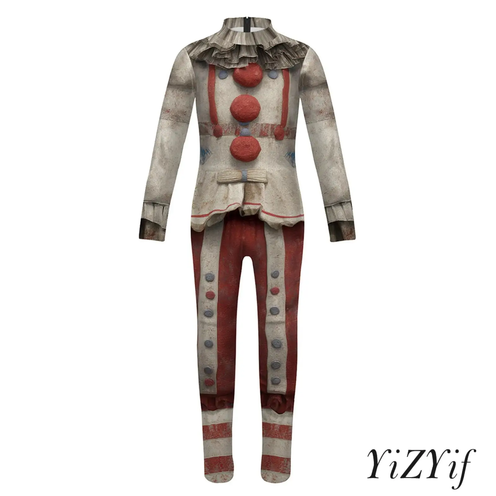 Unisex Kids Clown Long Sleeve Ruffled Collar Design Unique Pattern Bodysuit Jumpsuit for Halloween Cosplay Jester Themed Party