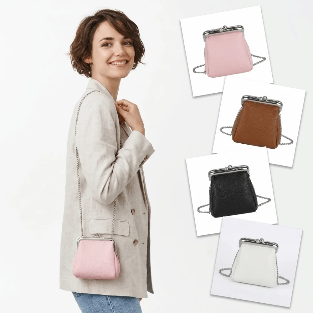 Cute PU Leather Kiss Lock Coin Purse Vintage Frame Clasp Portable Mini Sling Purse Shoulder Pouch For Women