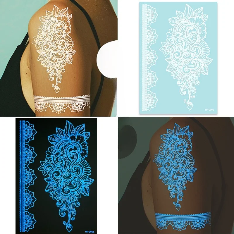Luminous Tattoo Sticker Indian Henna Lace Tattoo Sticker Hollow Out Pattern for Hand Skin Body Decoration Temporary Tattoo Art