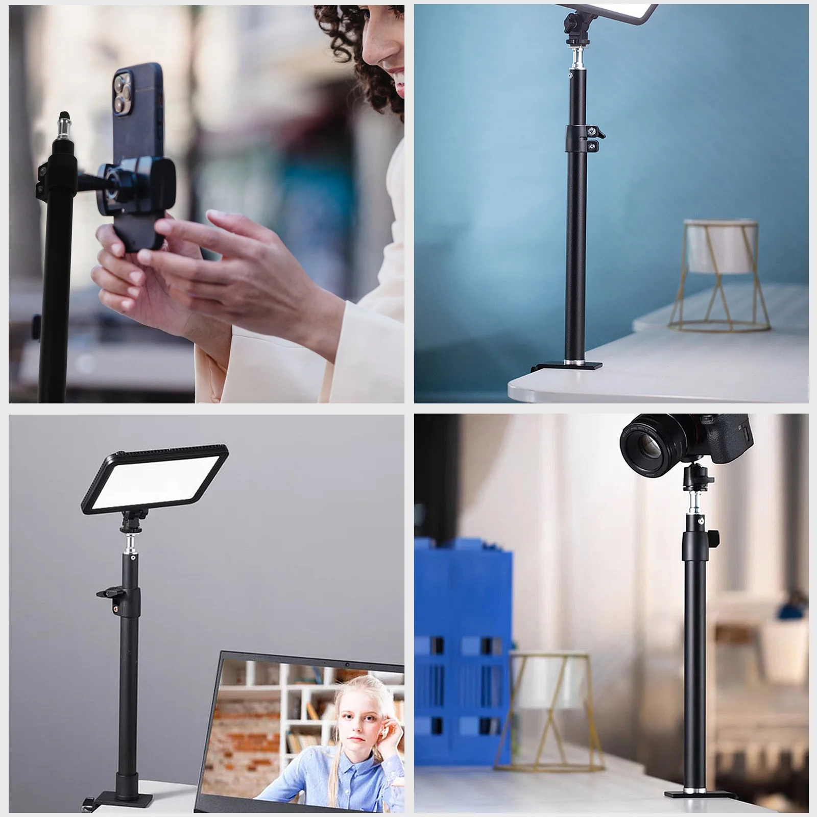 حامل إضاءة من سبائك الألومنيوم، حامل مكتب تلسكوبي 46-74 سم لهاتف كاميرا فيديو بإضاءة حلقية، مشبك قابل للتعديل 6-13 سم، #5