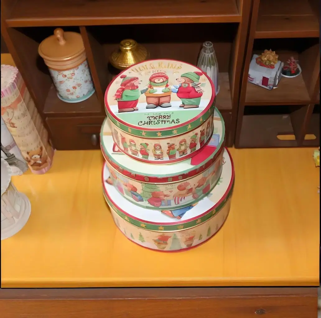 3 قطع معدنية الخبز البسكويت صندوق تخزين جولة صغيرة الدب القصدير حالة كامل اللون طباعة عيد الميلاد حزب هدية آخر 4 مجموعات التخليص!