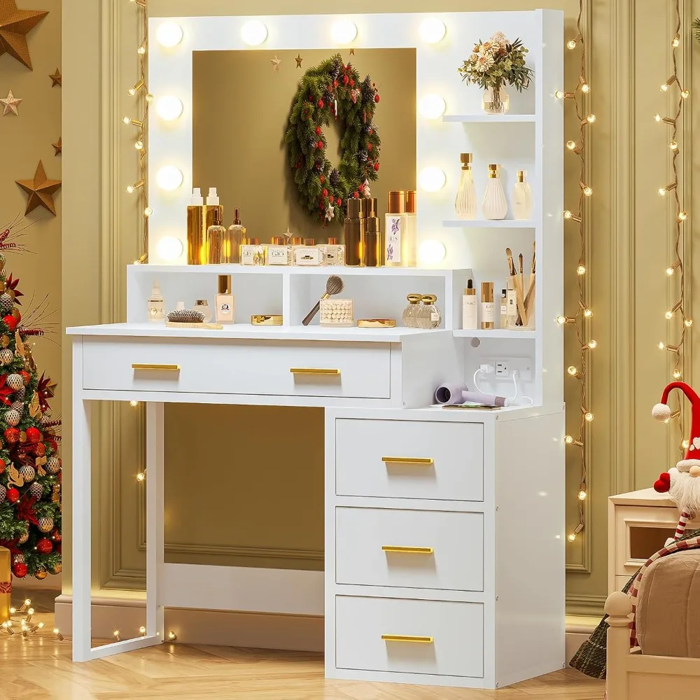 White Makeup Vanity with 10 Light Bulbs, Modern Vanity Desk with Mirror & 3 Lighting Modes, Vanity Table  Outlets
