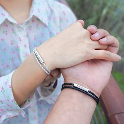 High quality Double layer Leather rope Bracelet for Couples Custom Carved Name Date Men's and Women's Jewelry Anniversary Gift