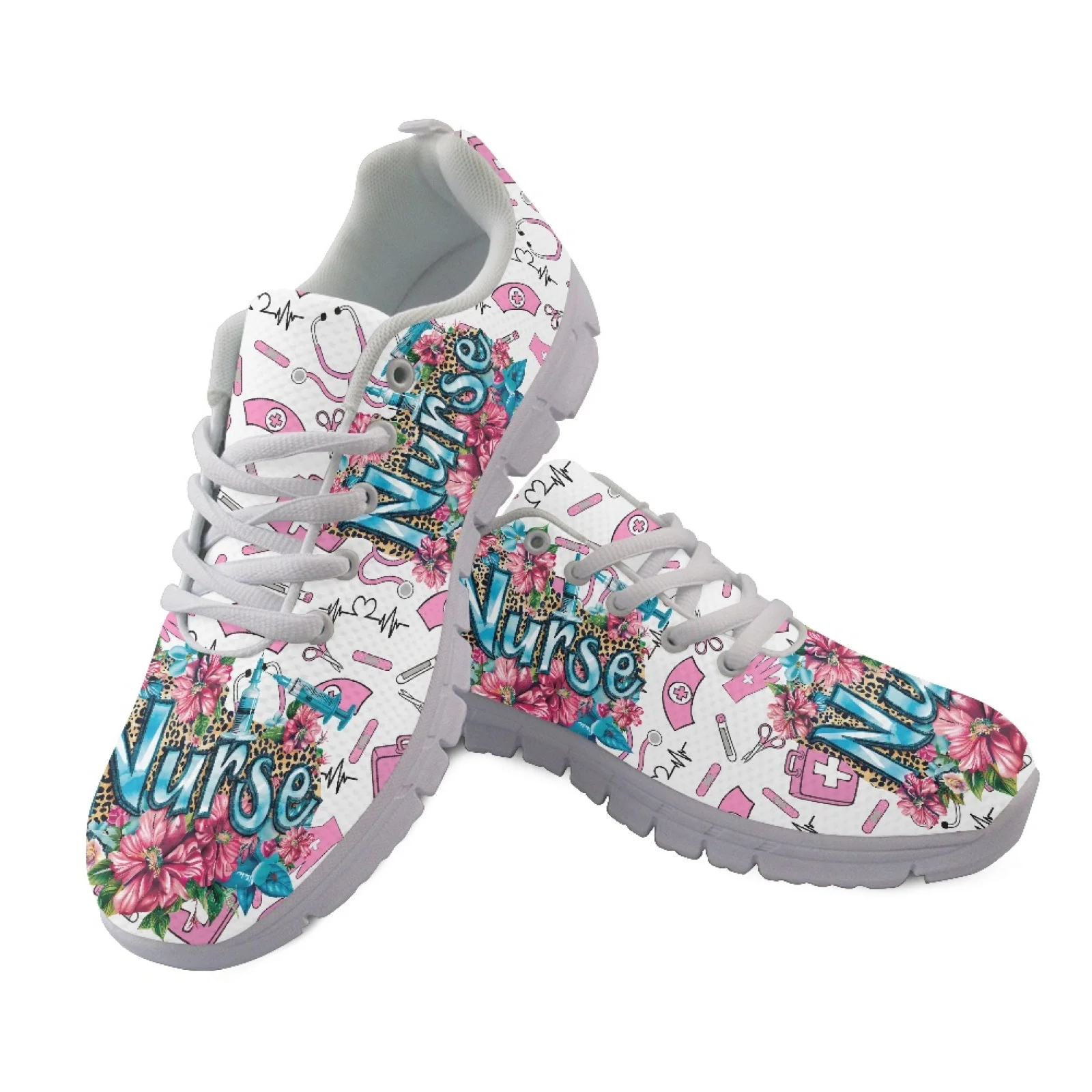 Coloranimal Pink Medical Pattern Lace Up Tennis Shoes for Women Mesh & EVA Sole Mens Athletic Trainers for Running