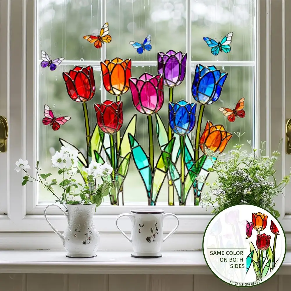 Multicolor Tulip Window Sticker Double-Sided Butterfly Tulip Pattern Static Cling Window Decal Stained Glass Effect