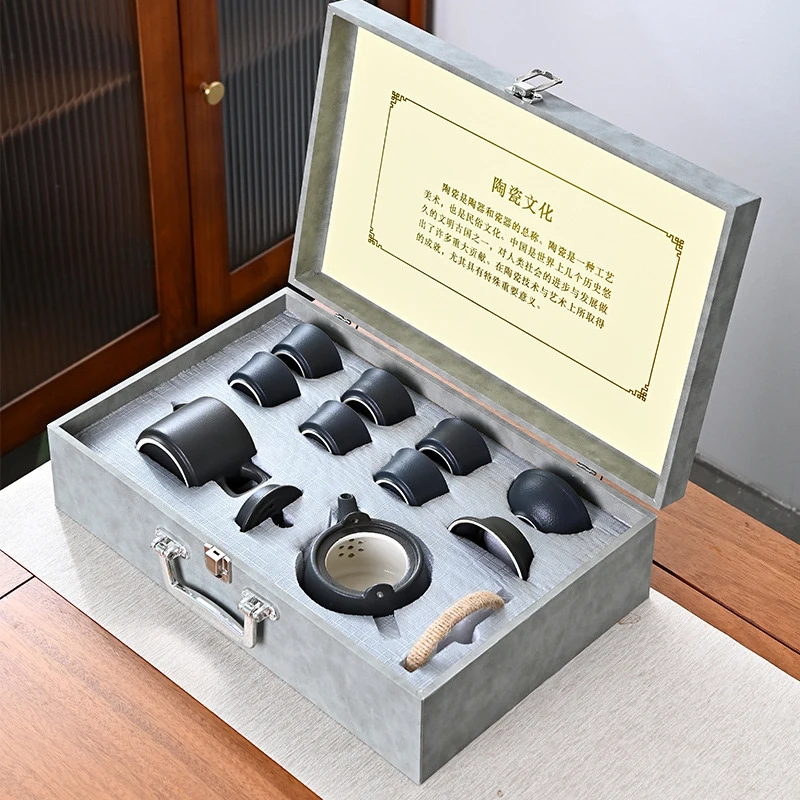 

Japanese-style black pottery kung fu tea set, home-use ceramic teapot and teacup small set, gift box packaging, business gift