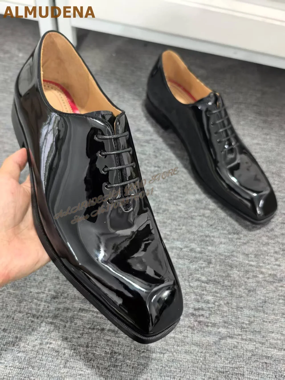 

ALMUDENA Men's Black Shiny Patent Leather Dress Shoes Square Toe Lace-Up Glossy Business Suits Shoes Formal Office Footwear