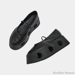Springs Platform Mary Jane Ballet Shoes Women Round Toe Height Increasing Shallow Slip On Pumps New Fashion Black Leather Shoes
