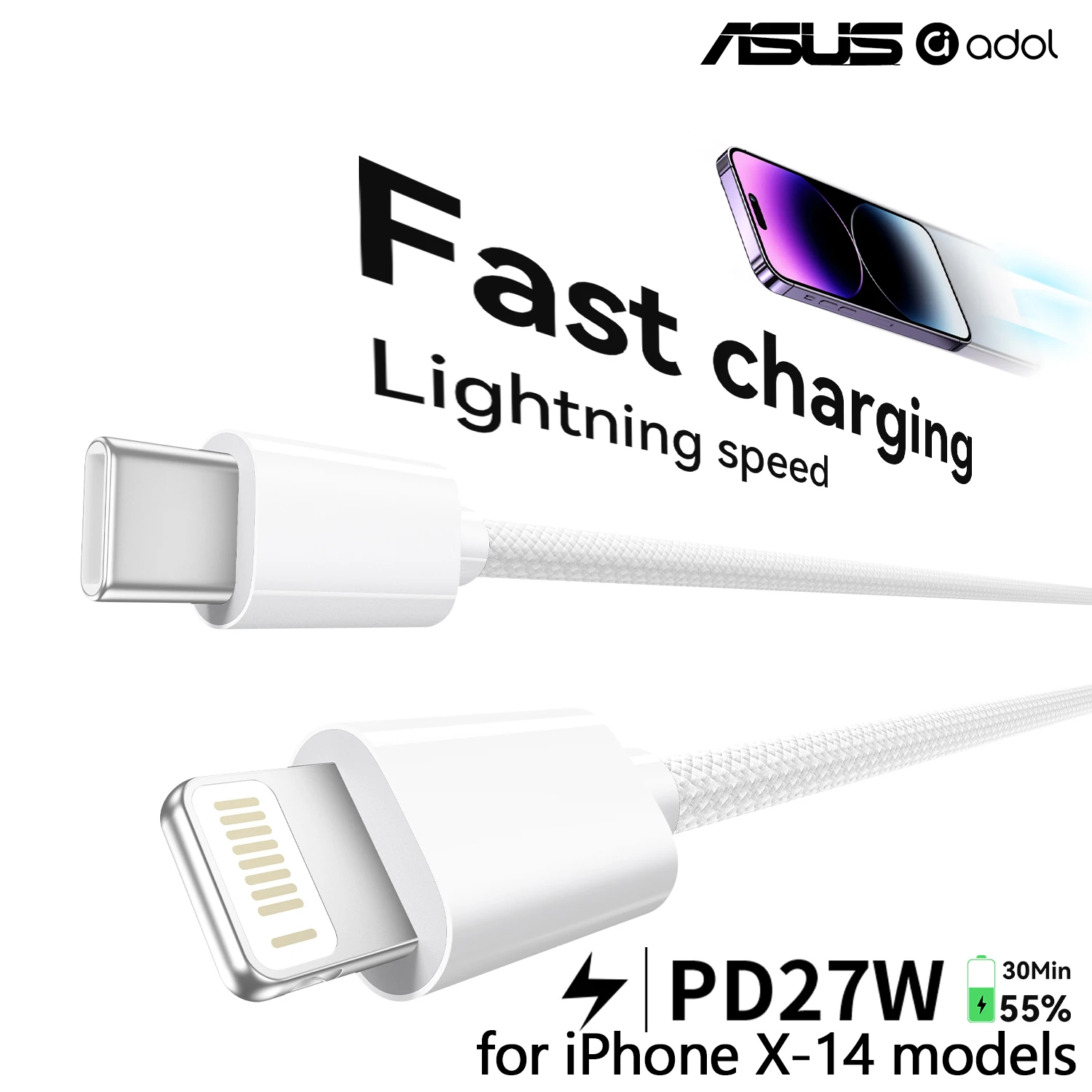 Cable trenzado ASUS PD27W USB-C a Lightning para carga y datos CarPlay para iPhone 14 13 12 11 Pro Max XR XS X iPad 3.28ft/6.56ft