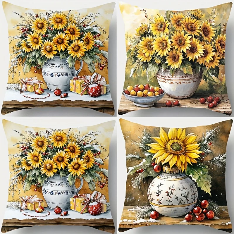 

Наволочка с цифровой печатью в виде подсолнухов, 4 шт., из короткого плюша, подходит для гостиных, спален, диванов, чехол для декоративной подушки.