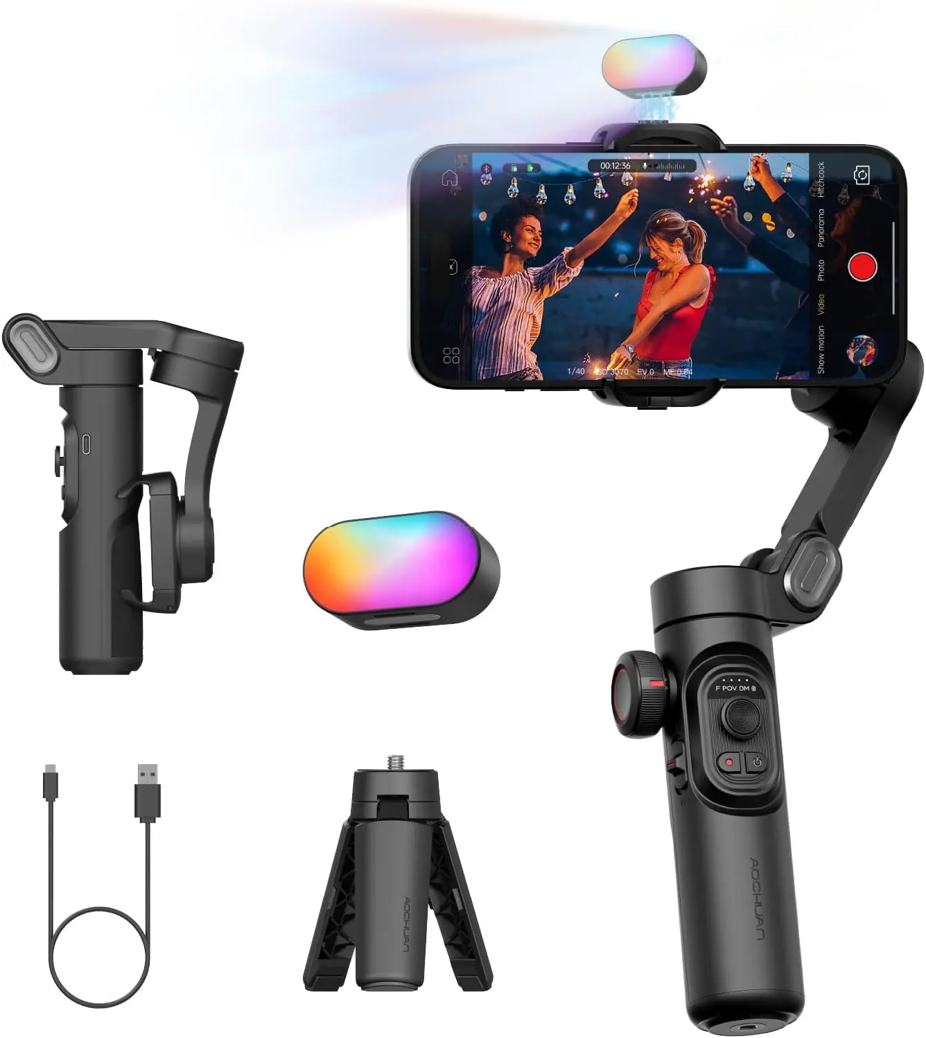 

3-Axis Gimbal Stabilizer for iPhone/Android with RGB Magnetic Fill Light, Face Tracking & Foldable Design for Vlog Recording