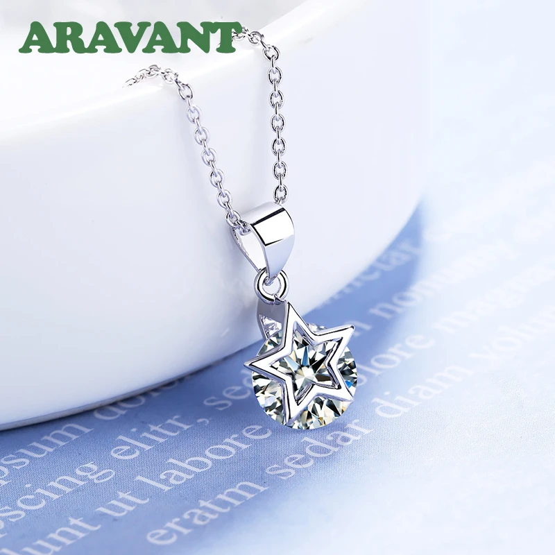Aravant 925 Silver Star Round Zircon Necklace Chain For Women Fashion Jewelry