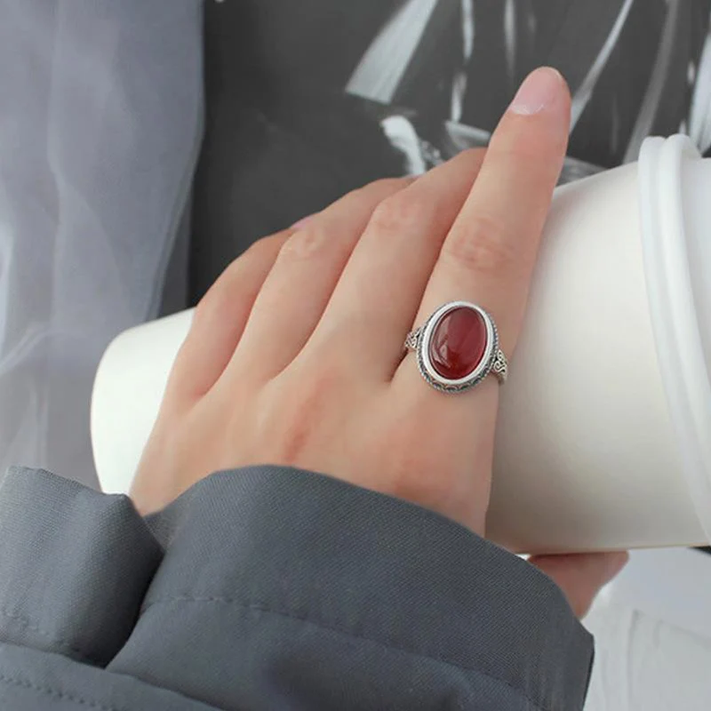 Retro Thai Silver South Red Ring Adjustable Index Finger Rings Light Luxury Trendy Unique Women's Ring KOFSAC