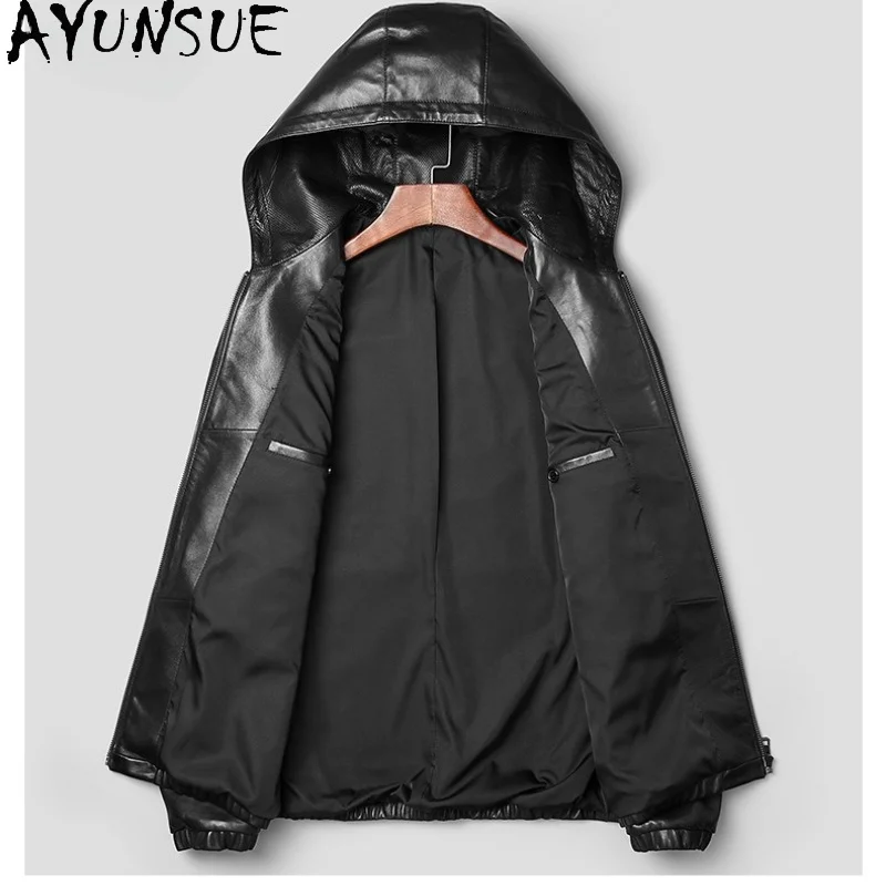 AYUNSUE Top Layer Sheepskin Genuine Leather Jacket Men Hooded Short Casual Korean Style Real Leather Coat Man Clothes Outerwear