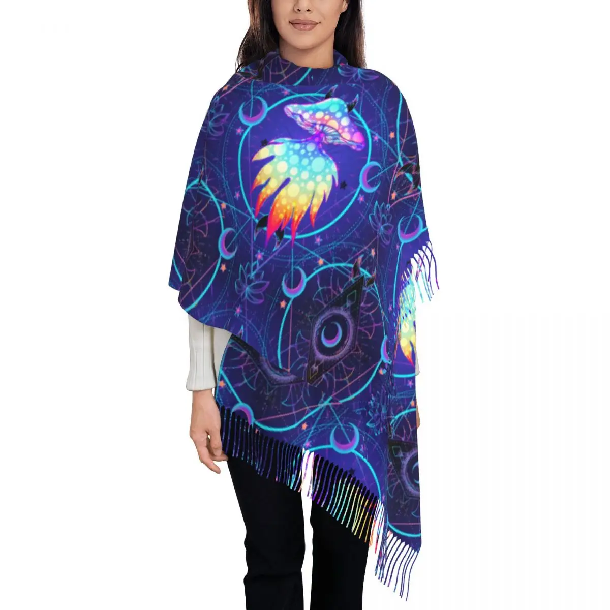 Custom India Mandala Magic Psychedelic Mushrooms Scarf Wrap for Women Long Winter Fall Warm Tassel Shawl Unisex Music Scarves