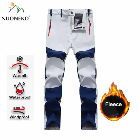 NUONEKO 남성용 두꺼운 플리스 소프트 쉘 하이킹 바지, 따뜻한 야외 방수 방풍 트레킹 캠핑 스키 바지, PM64, 겨울