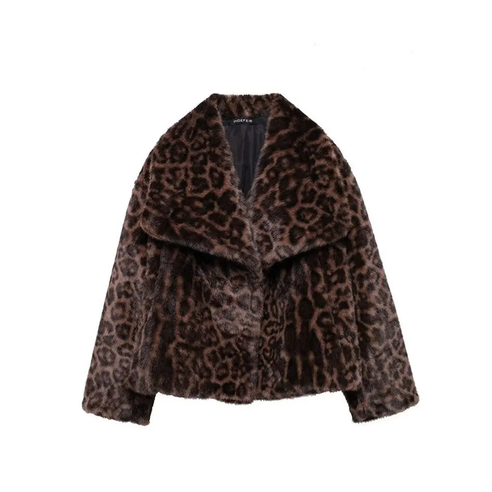레오파드 퍼 재킷 겨울옷 여성용 짧은 인조 여우털 코트 한국 스타일 캐주얼 아우터 여성용 두꺼운 따뜻한 플러시 오버코트