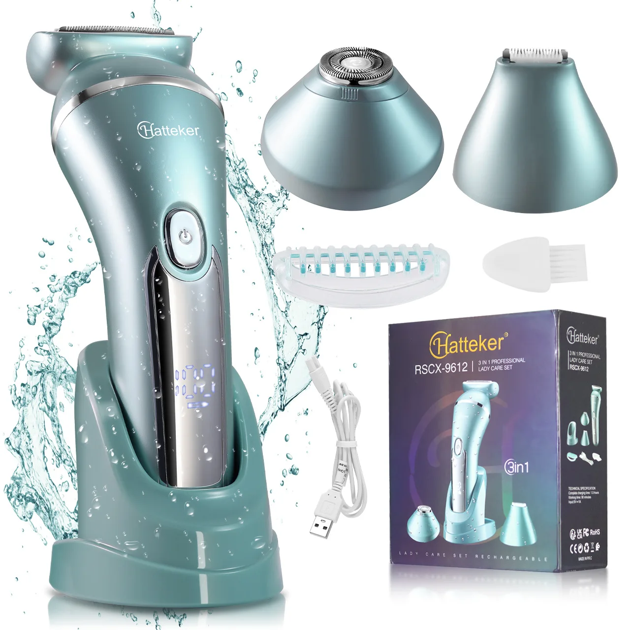 

HATTEKER Women's 3-in-1 Rechargeable Hair Remover Electric Body Groomer for Bikini/Underarms/Legs IPX7 Wash Cordless Trimmer