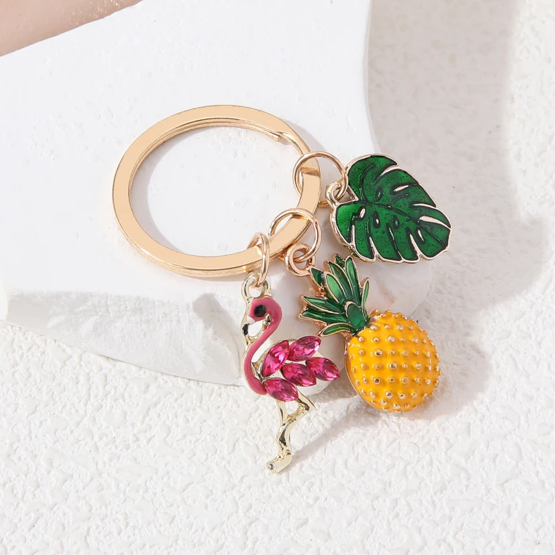 Cute Red-crowned Crane Pineapple Leaves Enamel Keychain Summer Lovely Animal Plant Key Chain For Making DIY Jewelry Handmade