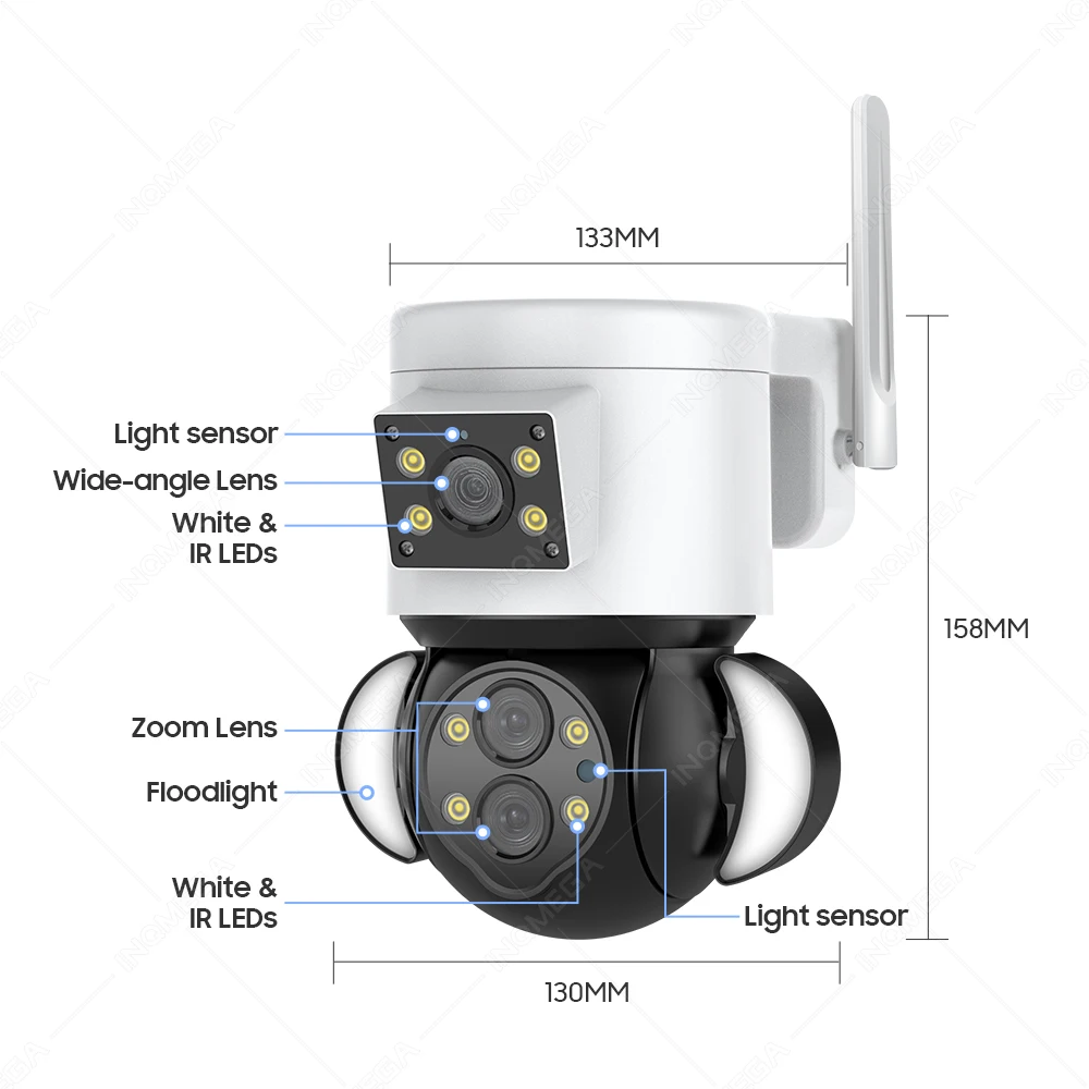INQMEGA 10X Zoom ottico 4MP Multiple Linkag Two waye Alarm Motion Tracking Camera Lens PTZ Dual Camera Smart Floodlight Camera