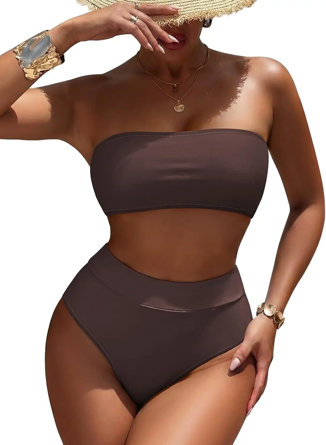 

Women's High Waist Bikini Set Removable Strap Bandeau Two Piece Swimsuit Bathing Suit