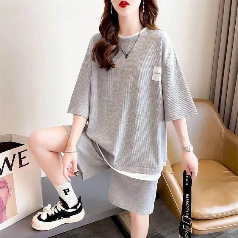 Sporty Shorts Set Half Sleeve T-shirt 2 Piece Sets Women Outfits Summer Sportswear Suits Loose Korean Style Waffle Pants Sets