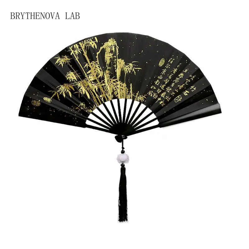 Ancient Style Fashion Man Hanfu Fans Chinese Style Summer Woman Stage Fan Dance Bamboo Rib Folding Cloth Fan Black Gold Gift