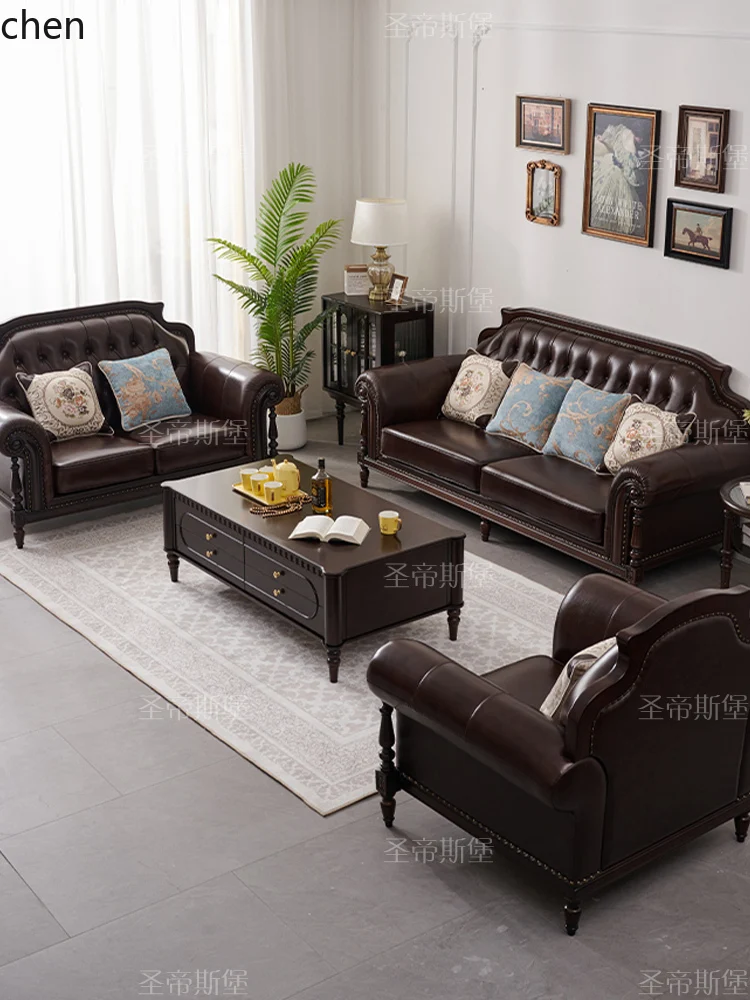 

ZMLL Solid Wood Genuine Leather Sofa Top Layer Cowhide 123 Combination Retro Style Villa Living Room Furniture Four-Seater
