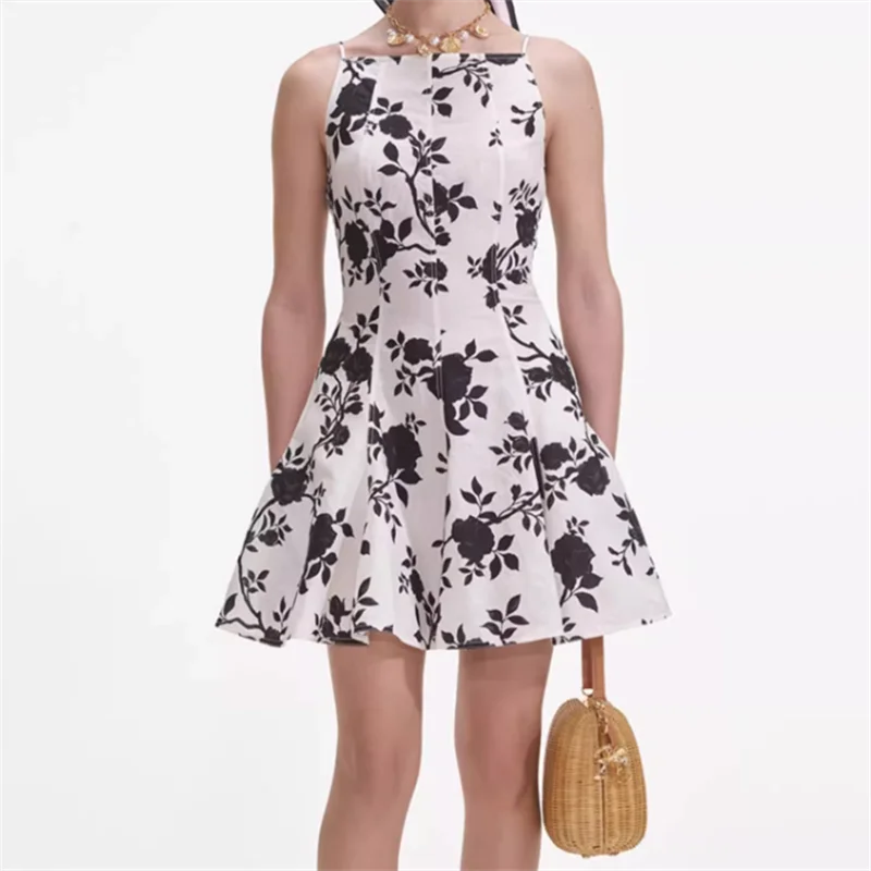 

Women's dress New cotton linen blend mini dress for summer 2025 Rose print sleeveless short dresses Sexy backless party dresses