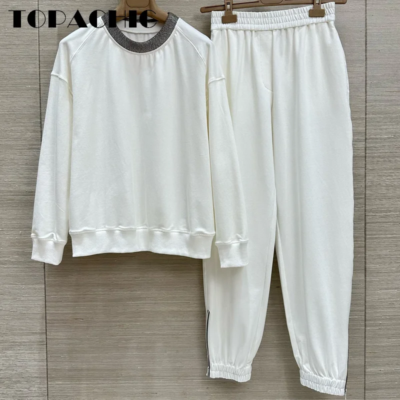 

10.24 TOPACHIC-Women Clothes Beading Chain O-Neck Pullover Sweatshirt Or Elastic Waist Hem Zipper Pants White Cotton Casual Set