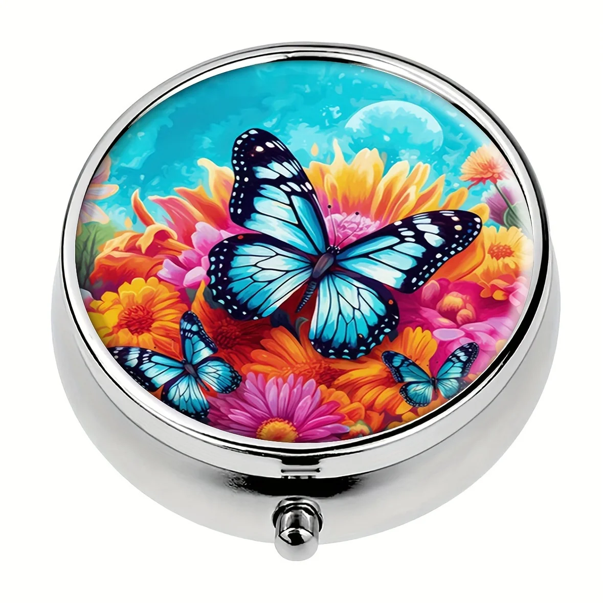 Butterfly & Wildflower 3-Compartment Pill Box - Portable Metal Medicine Organizer For Travel & Office,Unique Gift Idea