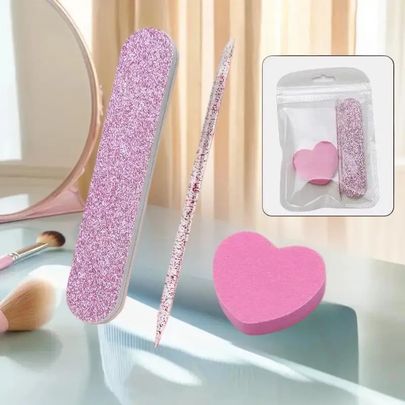 Kit de cuidados com as unhas com glitter, 8/12 peças, amortecedor em forma de coração, haste de cristal e lixa dupla face para arte em unhas e pedicure