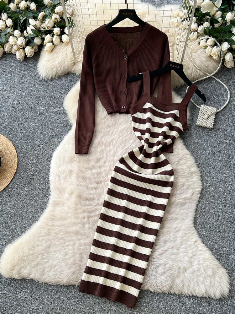 Gestricktes Dr-Set für Damen, lang, Sve, gestreift, Innenbekleidung, Strickjacke, hohe Taille, schmale Passform, Pendeln, Herbst-Faion-Ensemble