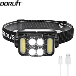 BORUiT LED Sensor Headlamp 18650 COB Headlight 5-light Mode Type-C Head Torch Rechargeable Waterproof Camping Light Hiking Lamp