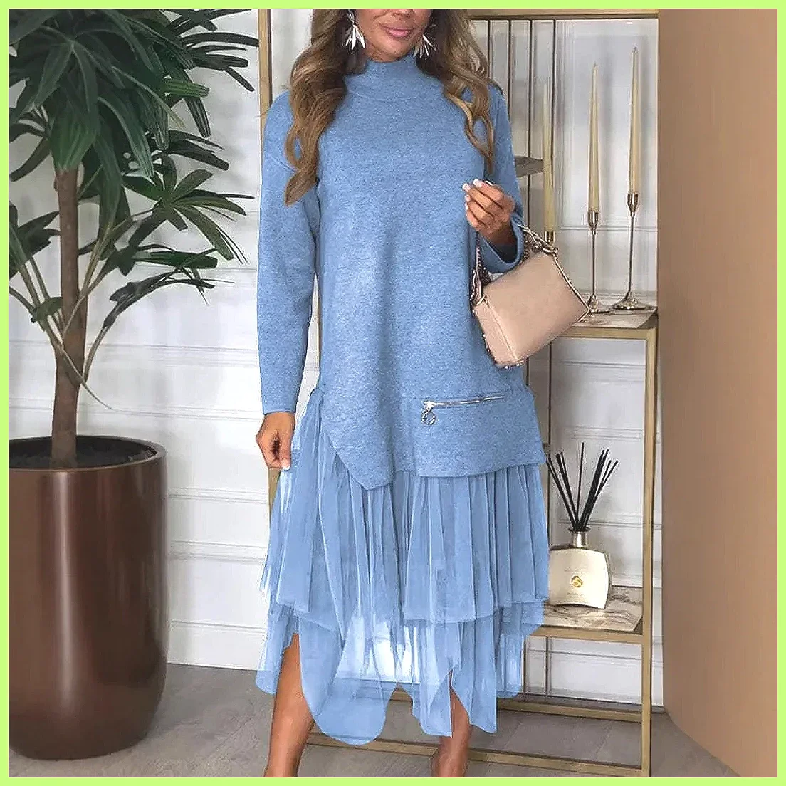 Abito in Felpa con Inserti in Pizzo per Donna, Manica Lunga, Elegante Vestito da Festa per Autunno e Inverno