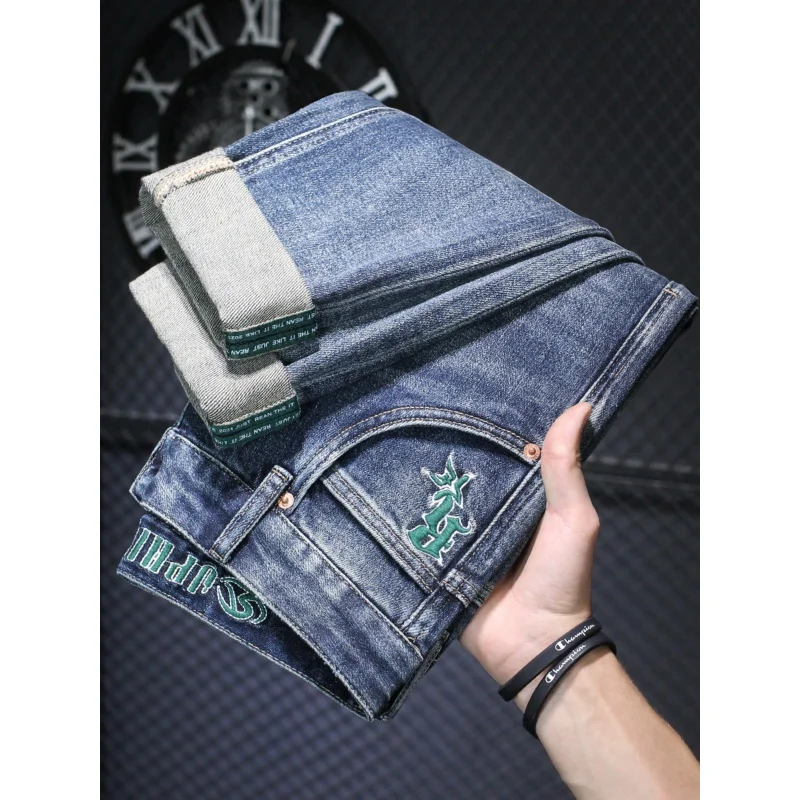 High-End Retro Embroidered Jeans Men's 2024 New Style Fashionable Korean Slim Fit Straight Trend Men's Clothing Stretch Pants