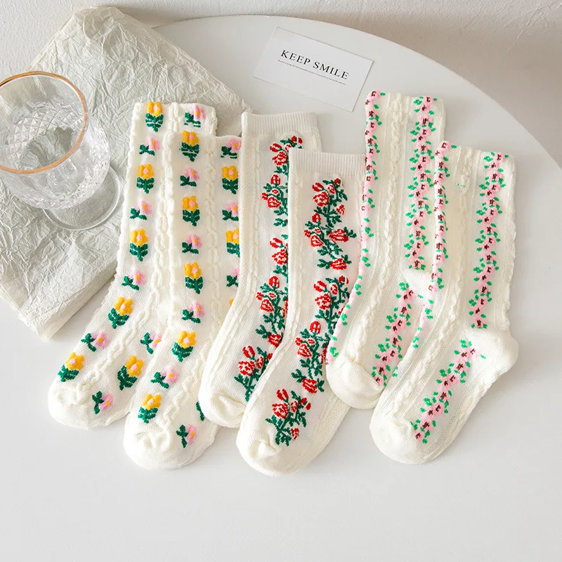 BELLBELL 3Pairs Kids Girl Sock Vintage Flower Print Sock for 1-8Y Girls Korean Breathable Children Mid-tube Sock Girl Sweet Sock